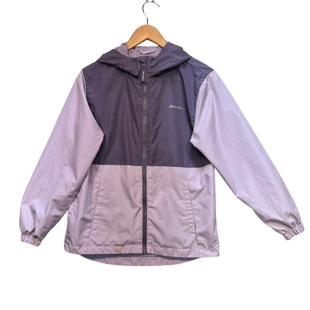 Eddie Bauer Girls Hooded Rain Lightweight Jacket Large Two-Tone Lavender Outdoor